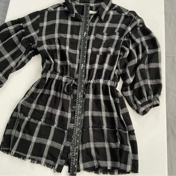 Vintage Havana Dress S Black White Plaid Puff Sleeve Raw HemTie Waist Oversized - Picture 7 of 12